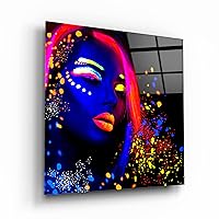 Colorful Makeup On Sexy Neon Lady Tempered Glass Wall Art Perfect Modern Decor Fabulous New Year Gift Glass UV Printing Durable Product (50x50 cm (20x20 inches))