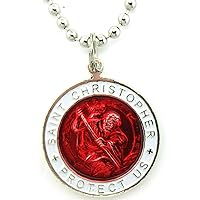 St. Christopher Large Surf Medal Necklace Pendant, Protector of Travel re-wh Red-White