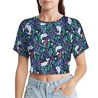 Whales Aquatic Plant Star Seafloor Women's Summer Crop Tops Short Sleeve Round Neck T-Shirts Casual Blouse Yoga Shirts