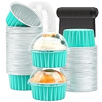 Cupcake Pans with Dome Lids 100 Pack,LNYZQUS 5oz Mini Aluminum Baking Pans Cupcake Cups Muffin Tin,Disposable Ramekins Mini Cake Pans Cupcake Containers Holders -Cyan Blue