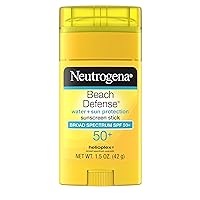 Beach Defense Water-Resistant SPF 50+ Sunscreen Stick, Broad Spectrum UVA/UVB Protection, PABA- & Oxybenzone-Free Face & Body Sunscreen Stick, Hands-Free Application, 1.5 oz