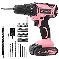 Yougfin Cordless Drill Set Pink For Ladies, 20V Power Drill Driver With Battery & Charger, 3/8 inch Keyless Chuck, Variable Speed, 25+1 Torque Setting, Built-in Work Light, 46 Accessories
