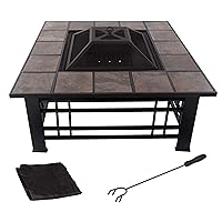 Fire Pit Set, Wood Burning Pit - Includes Spark Screen and Log Poker - Great for Outdoor and Patio, 32” Square Tile Firepit by Pure Garden