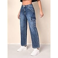 Jeans for Women Pants for Women Women's Jeans Flap Pocket Cargo Jeans (Color : Dark Wash, Size : W30 L32)