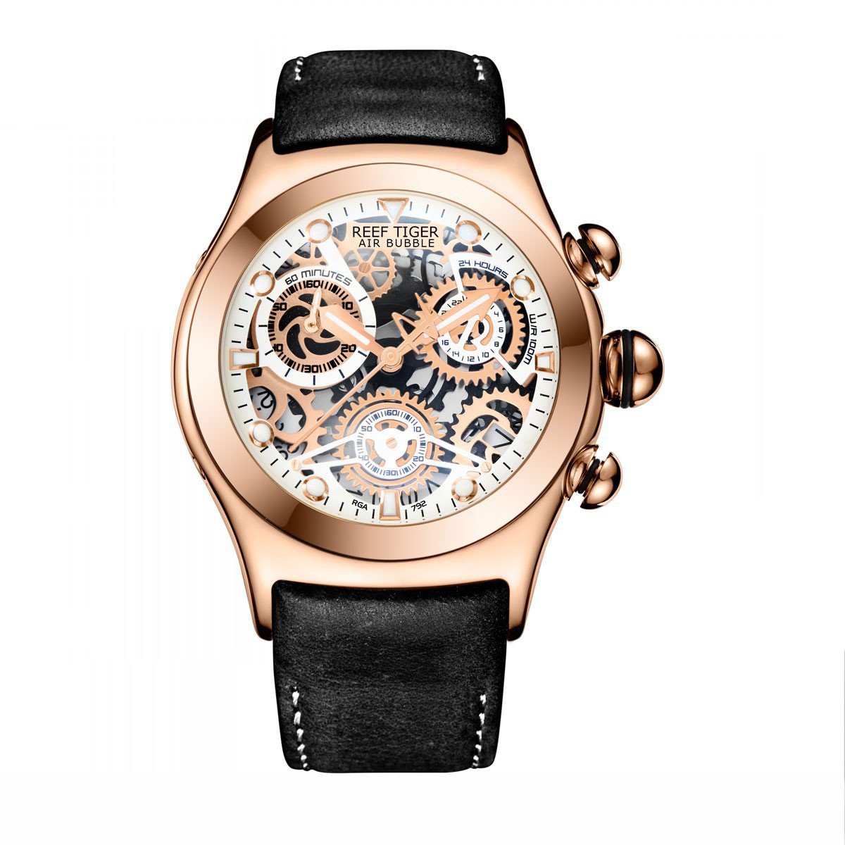 REEF TIGER Luminous Chronograph Sport Rose Gold Skeleton Dial Watch with Date RGA792