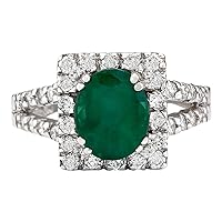 2.89 Carat Natural Green Emerald and Diamond (F-G Color, VS1-VS2 Clarity) 14K White Gold Engagement Ring for Women Exclusively Handcrafted in USA