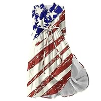 Women's 4th of July American Flag Dress Summer Lace-Up 3/4 Sleeve A-Line Dress Lapel Button V Neck Beach Dresses