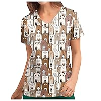 Women's Spring Tops 2024 T-Shirts Personalized Cute Print Short Sleeve V Neck Top Work Uniform Scrubs, S-5XL
