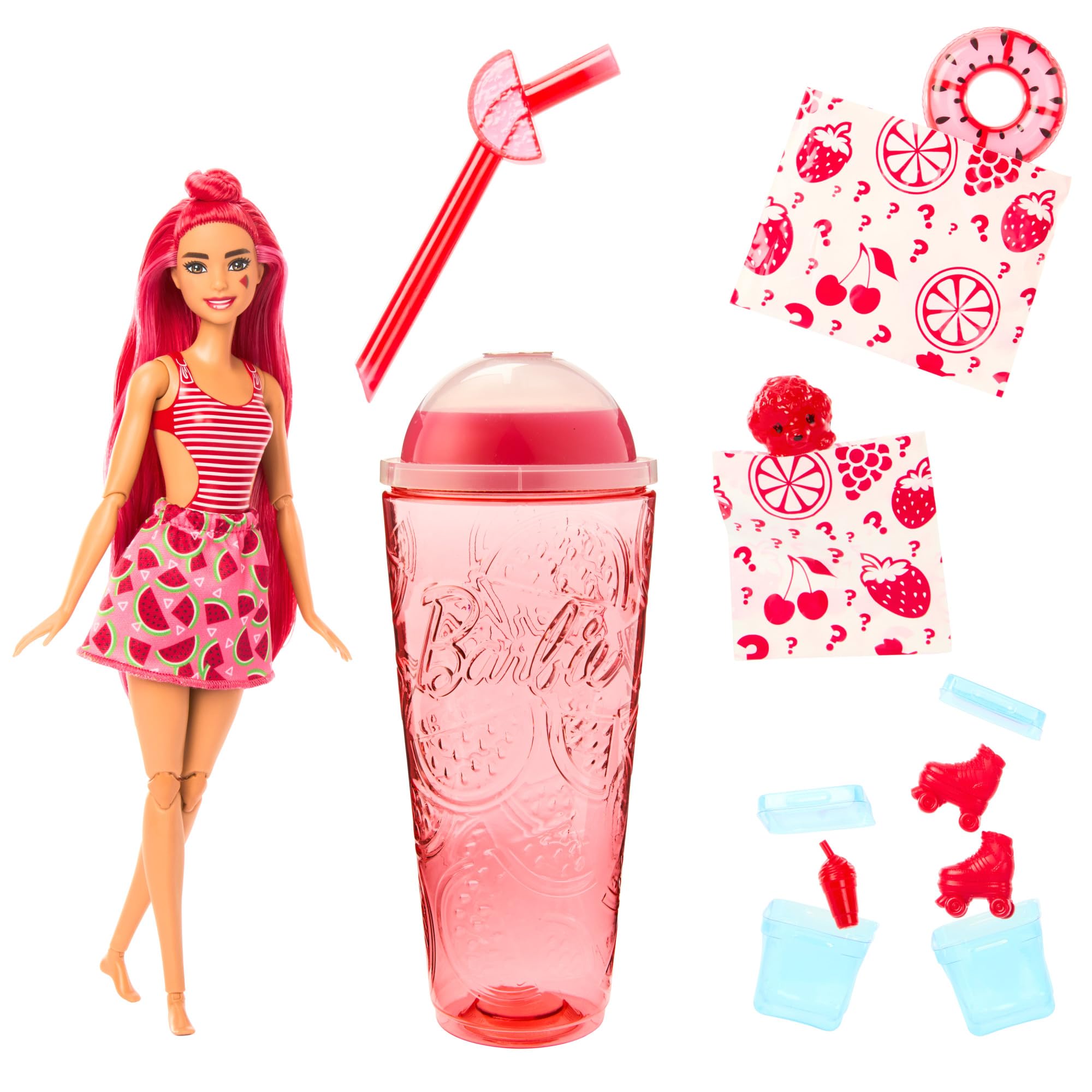 Barbie Pop Reveal Doll & Accessories, Watermelon Crush Scent with Red Hair, 8 Surprises Include Slime & Squishy Puppy