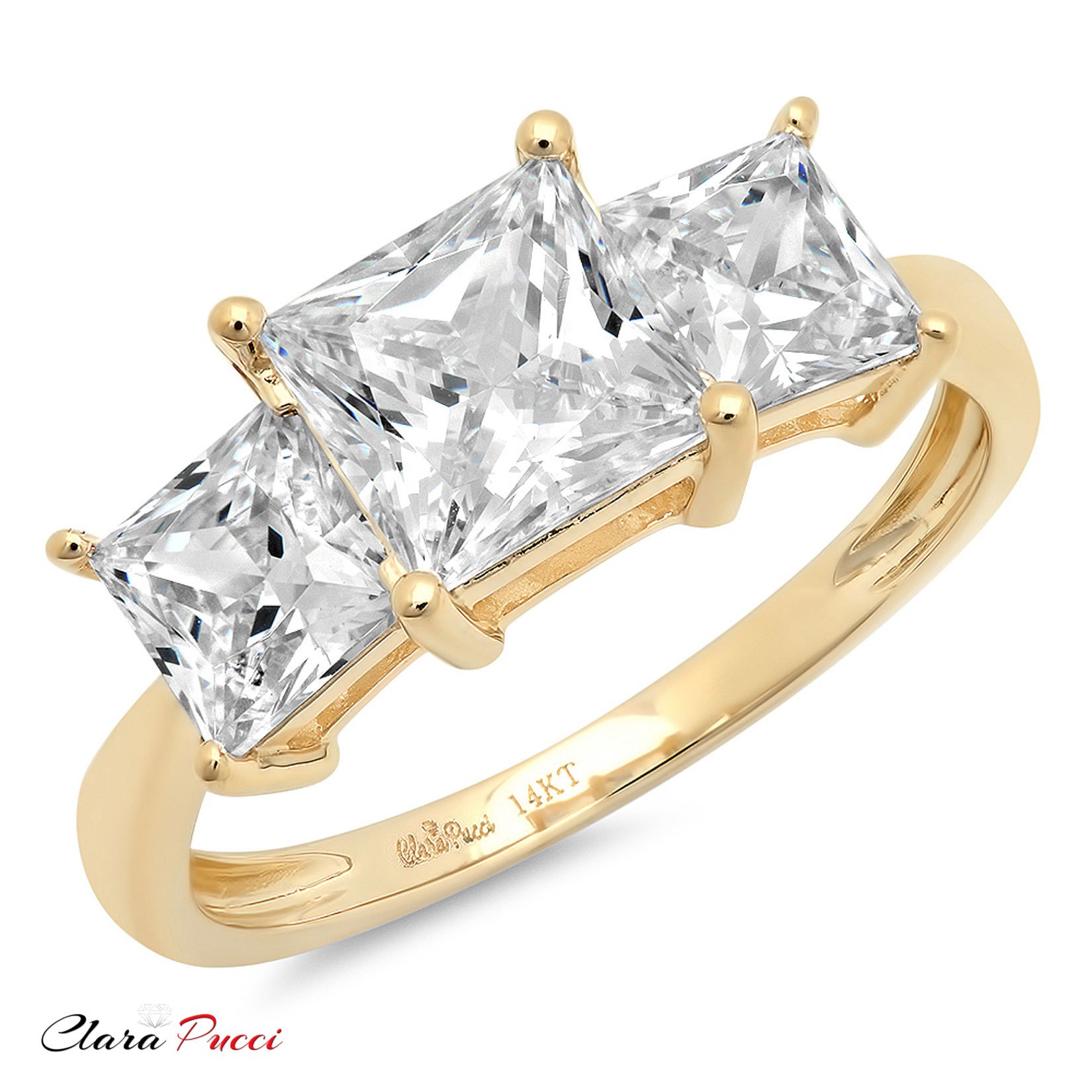 3ct Brilliant Princess Cut 3 Stone Solitaire with Accent Stunning Genuine Moissanite Ideal VVS1 & Simulated Diamond Engagement Promise Statement Anniversary Bridal Wedding Ring Solid 14k Yellow Gold