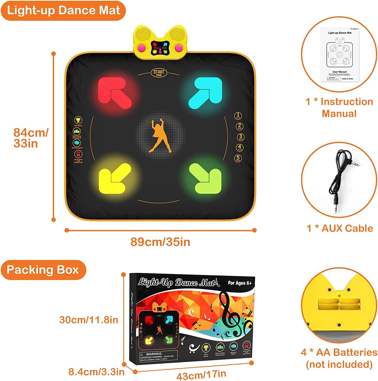 Dance Mat Toys for Kids Ages 4-12, Dance Pad with Light-up 4 Buttons, Wireless Bluetooth, AUX, Built-in Music, 4 Game Modes, 5 Challenge Levels | Christmas Birthday Gift for 4 5 6 7 8+ Year Old Girls