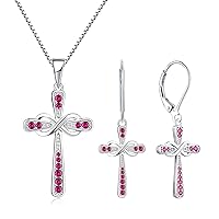 YL Women's Cross Necklace Sterling Silver Infinity Crucifix Pendant Created Ruby Criss Cross Earrings Jewelry