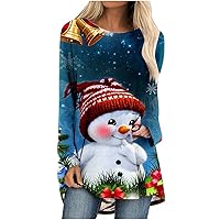 Womens Christmas Tree Tunics Snowman Xmas Print Long Sleeve T Shirts Casual Round Neck Tops Loose Fit Pullover Blouse