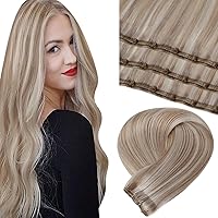 LaaVoo Micro Beaded Weft Hair Extensions Ash Blonde Human Hair 50G 18Inch Bundle Human Hair Extensions Sew in Blonde 20 Inch 100g Hand Tied Weft Hair Extensions Blonde Highlights