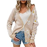 Daisy Cardigan for Women Long Sleeve V Neck Floral Print Knit Sweater Coats Open Front Button Down Outerwear Tops