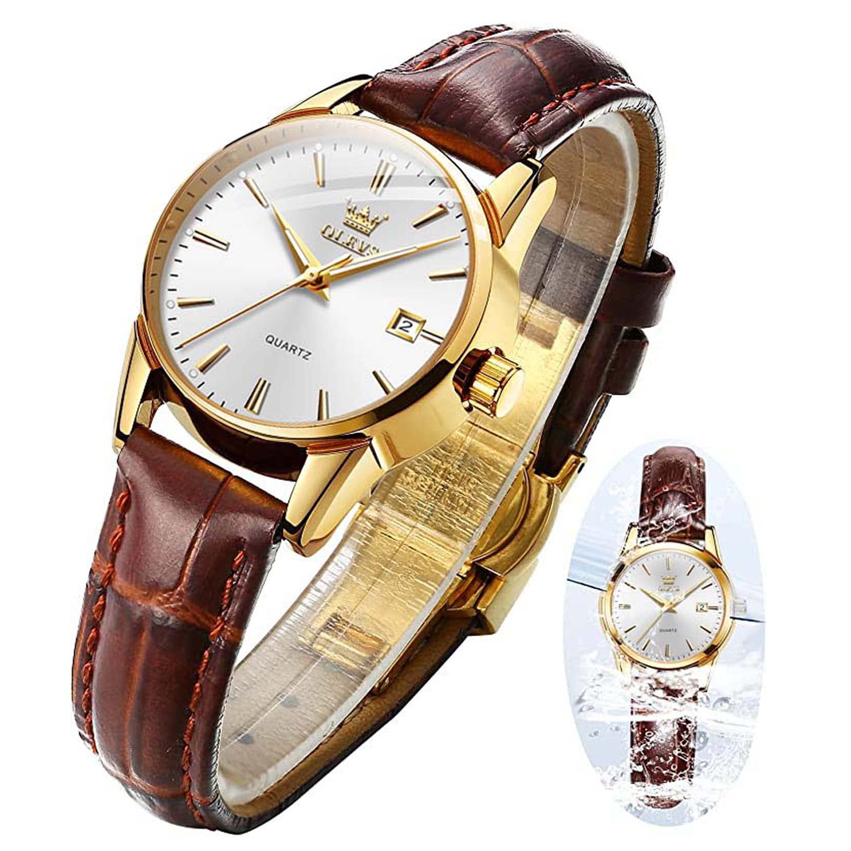 OLEVS Easy Reader Quartz Analog Leather Strap Watch with Date Feature Diamonds Dial Rose Gold Fashion Dress Luminous Waterproof Ladies Watches