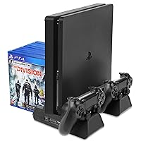 TNP Vertical Stand with Cooling Fan and Controller Charger For PS4 w/ DualShock 4 Charging Docking Station Hub, 12 Game Disc Storage Organizer, 3 Built-in Cooler Fan For PlayStation 4 / Slim / Pro
