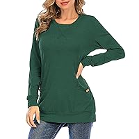 Women's Blusas De Mujer Elegantes Fashion Solid Colour with Pocket Round Neck Long Sleeve T-Shirt Casual Top, S-2XL
