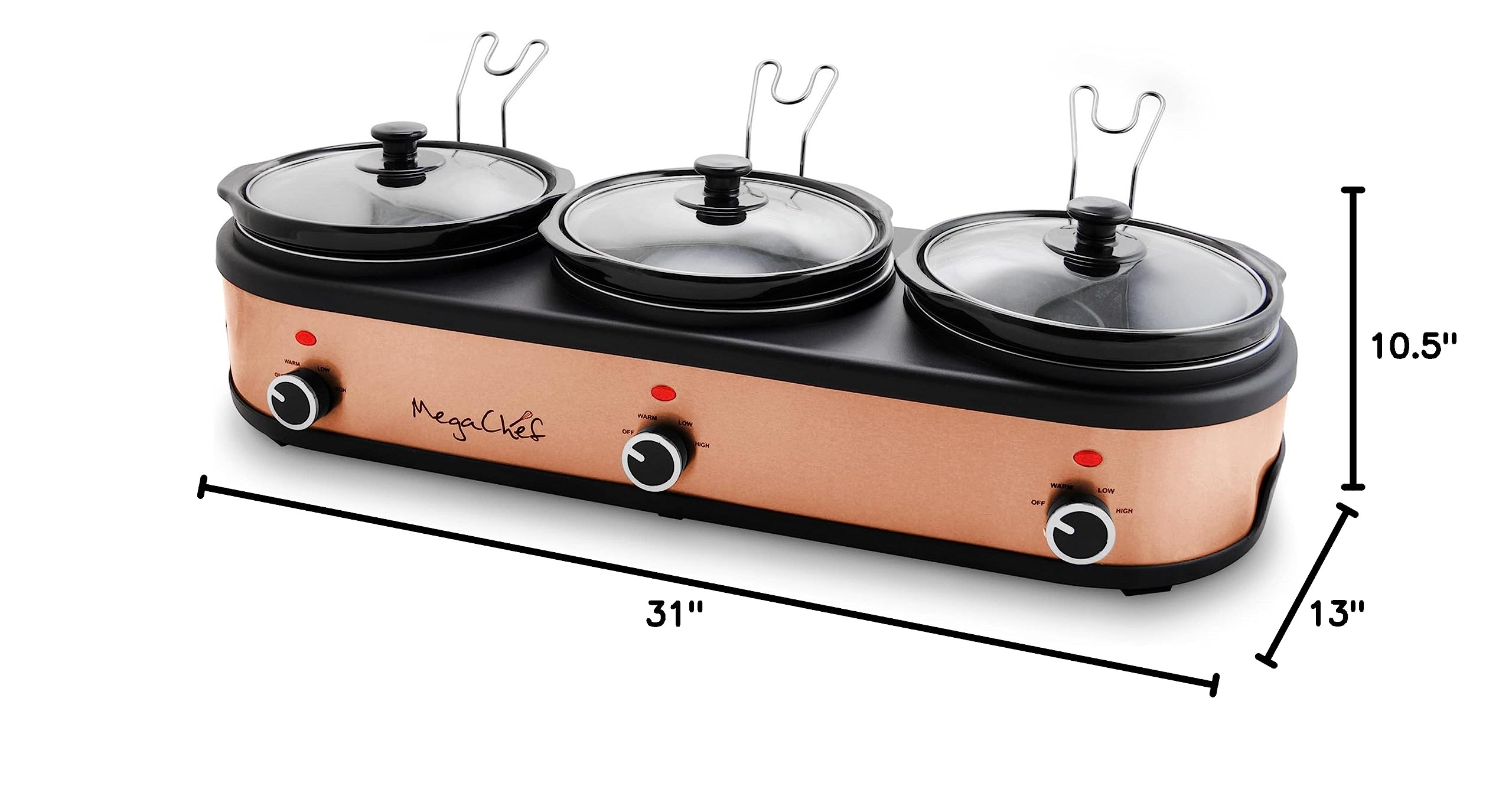Megachef Triple 2.5 Quart Slow Cooker and Buffet Server in Brushed Copper and Black Finish with 3 Ceramic Cooking Pots and Removable Lid Rests