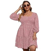 Floerns Women's Plus Size Printed Casual Square Neck Puff Sleeve A Line Dress