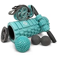 5 in 1 Foam Roller Set Includes Hollow Core Massage Roller with End Caps, Muscle Roller Stick, Stretching Strap, Double Lacrosse Peanut, Spikey Plantar Fasciitis Ball, All in Giftable Box