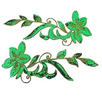 1 Pair Dancing Flower Sequin Sew Iron on Applique Embroidered Patches-Green