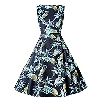 Women's 1950s Vintage Swing Dresses Pineapple Print Hepburn Style Cocktail Dress Sleeveless Boat Neck Tea Party Dress