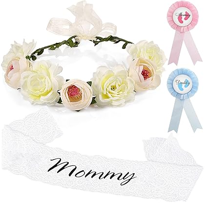 4 Pieces Baby Shower Kits Include Baby Shower Sash, Mommy Daddy Badge Button Pin Kits and Flower Crown for Baby Shower Decoration Gender Reveal Baby Sprinkle Welcome Baby