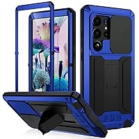 Samsung S23 Ultra Case with Screen Camera Protector Kickstand, Samsung S23 Ultra Rugged Military Metal Heavy Duty Case with Stand Screen Protector Slide Camera Cover for Man Outdoor (Blue)
