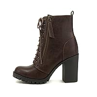 Soda Malia Round Toe Stacked Lug Heel Lace Up Ankle Booties