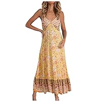 Women's Bohemian Round Neck Trendy Casual Summer Sleeveless Long Floor Maxi Flowy Foral Print Hawai Beach Dress Swing