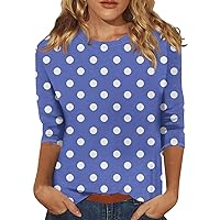 Workout Clothes, Girls 4Th of July Outfit Summer Top Ladies O-Neck Tshirt Trendy 3/4 Sleeve 2024 Tops Independence Day Print Loose Blouse Comfy Tunic Slim Tee Floral Blouses for (Blue,Small)