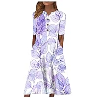 Midi Dresses for Women Elegant Floral Sexy V Neck Short Sleeve Summer Dress Casual Button Down Smocked Flowy Dress
