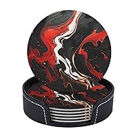 6pcs Drink Coasters with Holder, Leather Coasters for Drinks, Black and Red Marble Cup Coasters for Coffee Table Decor, Non-Slip Drinking Cup Mat for Hot Or Cold Drink 4