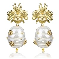 Baroque White Pearl Dangle Drop Earrings and Gold Cute Bee Stud Earrings For Women Comfy Boho Bridesmaid Large Cultured Freshwater Pearl Dangle Earrings Fine Jewelry For Birthday Holidays