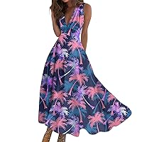 Midi Dresses for Women Floral Navy Blue Hawaiian Floral Print Long Skirt with V-Neck and Sleevelessable Beach Skirt