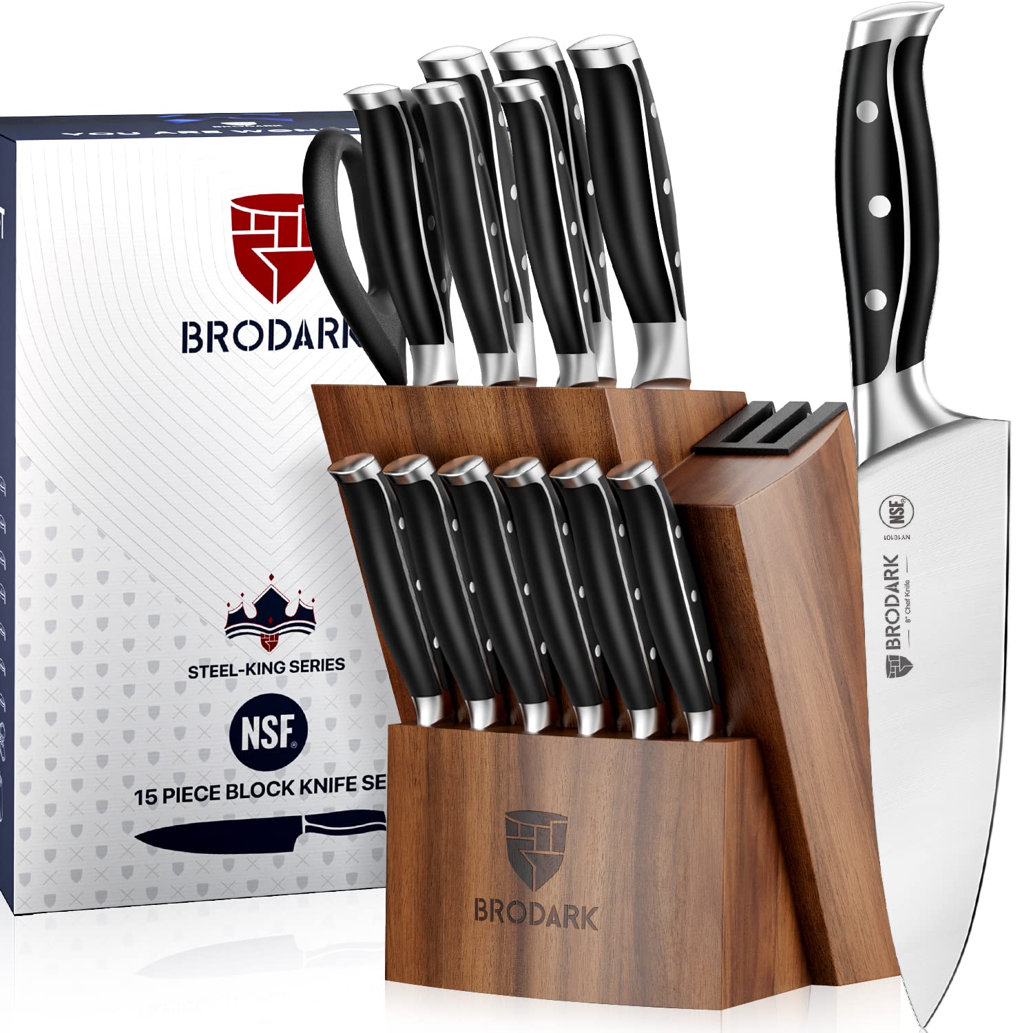 BRODARK Kitchen Knife Set with Block, Full Tang 15 Pcs Professional Chef Knife Set with Knife Sharpener, Food Grade German Stainless Steel Knife Block Set, Steel-king Series with Gift Box