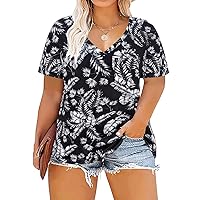 RITERA Plus Size Tops for Women Floral Print Tunic Short Sleeve Shirt Casual V Neck Tunic Basic Cute Summer Blouses Tee Black Blouse 3XL