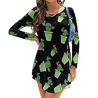 Cute Cactus in Green Pot Women's Round Neck Long Sleeve T-Shirt Loose Dress Casual Irregular Hem Mini Dress