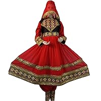 Afghan Kuchi Traditional, Wedding Three Pieces Chiffon Light Weight Embroidered Red Color Dress Medium 40 Inches Bust,47 inches Length