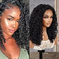 GLAM21USA STUDIOCUT BY PROS Medium Curly Bob Deep Wave T Part Swiss Lace Front with Deep part wig middle center part for Black women Heat Resistant Synthetic Wigs DPL009 (20 Inch, 1B-Off Black)