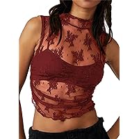 Women Sleeveless Sheer Tank Top Sexy Mock Neck Mesh Layering Tee Shirt See Through Lace Floral Embroidery Crop Tops