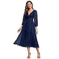 Ever-Pretty Women's Elegant A Line Ruched V Neck Long Sleeves Tea-Length Wedding Guest Dresses 01977