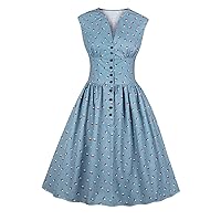 Flygo Women's V Neck Button Floral Sleeveless 1940s Day Swing 1950s Tea Dress