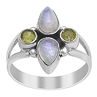 Four stone Vintage Moonstone Peridot Gemstone 925 Sterling Silver Handmade Boho Ring