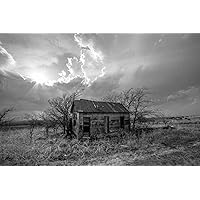 Country Photography Print (Not Framed) Black and White Picture of Abandoned Homestead Under Stormy Sky on Spring Day in Kansas Prairie Wall Art Farmhouse Decor (5