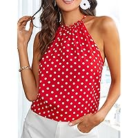 Womens Summer Tops Sexy Casual T Shirts for Women Polka Dot Frill Keyhole Back Halter Top