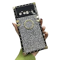 for Google Pixel 7A Bling Case for Women Girls Luxury Box Trunk Design Cute Pretty Glitter Square Soft Cover with Finger Ring Grip Kickstand Phone Skin,Gray