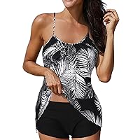 Women Tummy Control Two Piece Bathing Suit Ruffle Floral Tankini Tank Tops with Shorts Sporty Swimwear Swimsuit