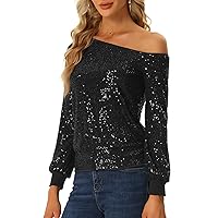 Allegra K Long Sleeve Sparkly Tops for Women's Party Off Shoulder Sequin Top